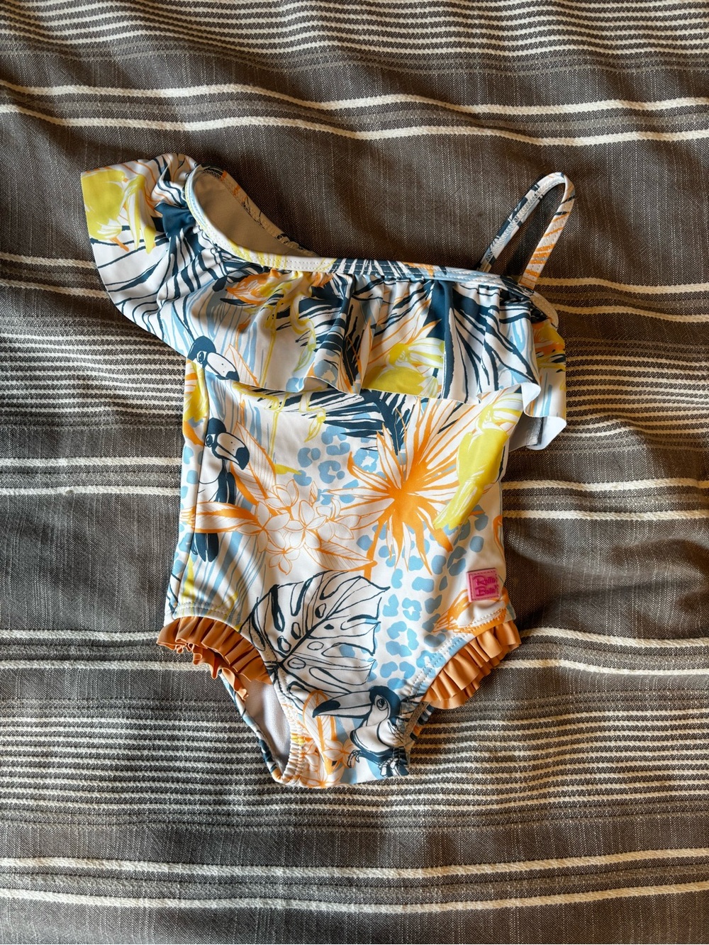 Ruffle Butts Yellow, Blue & White Tropical One-Shoulder Ruffle Swimsuit